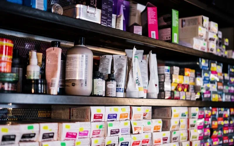 Mesa de trabalho em salão de beleza com produtos capilares e ferramentas organizadas